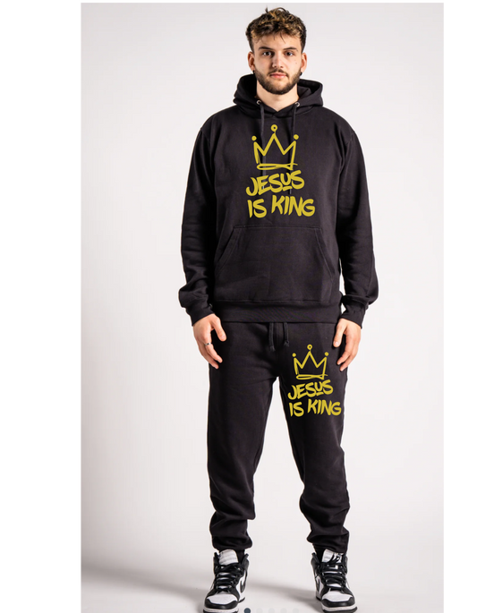 BLACK AND GOLD JESUS IS KING SWEATSUIT