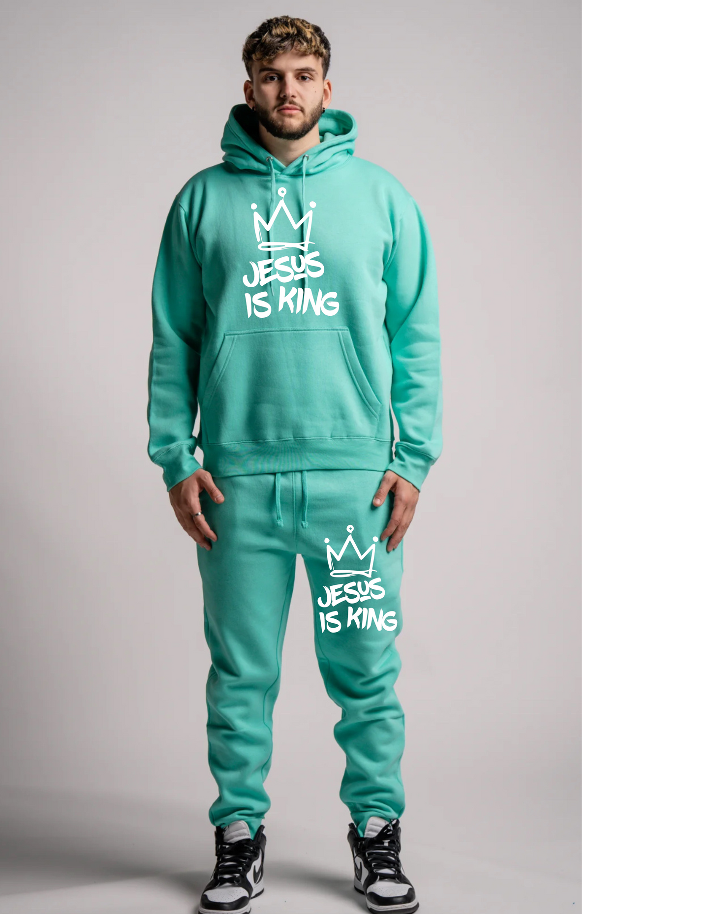 MINT AND WHITE JESUS IS KING SWEATSUIT