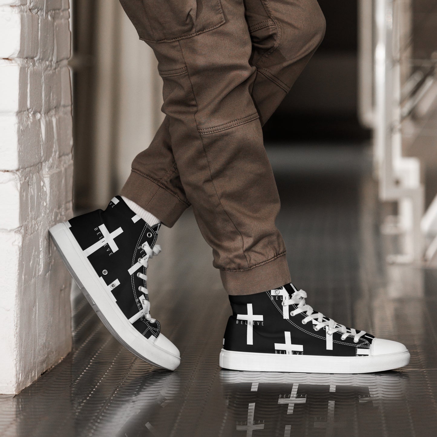 I Believe Black Men’s high top canvas shoes